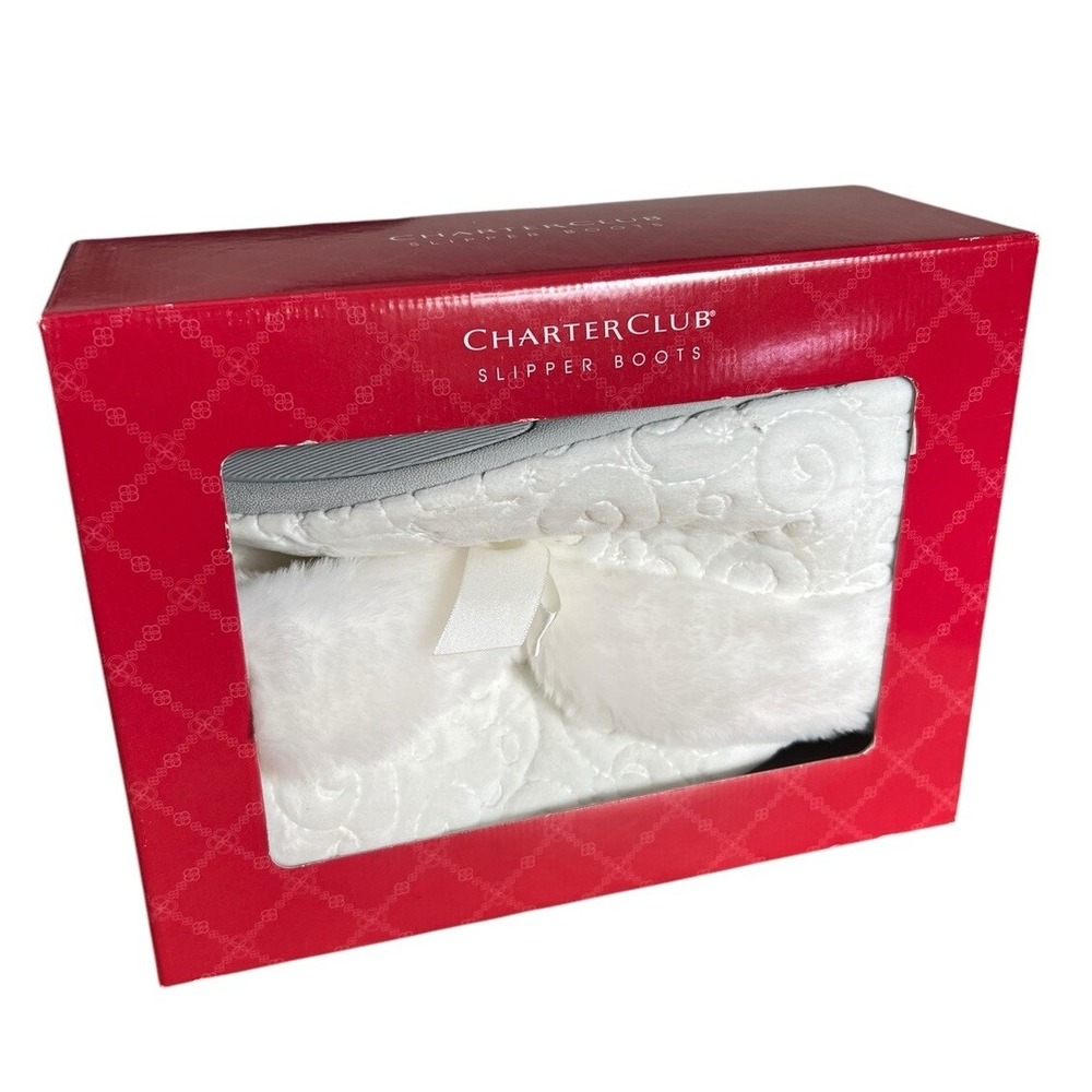 NIB M 6.5-7.5 Charter Club Faux‎ Fur Winter White Slipper Boots Machine Washable